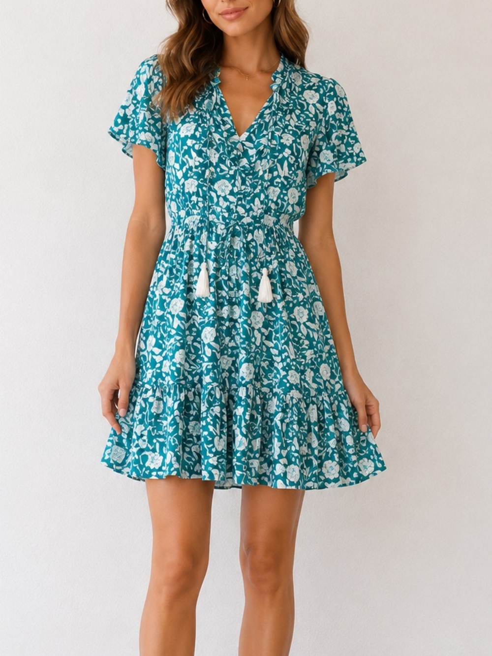 Mila Mae Cottagecore Tie Neck Mini Dress in Teal Floral